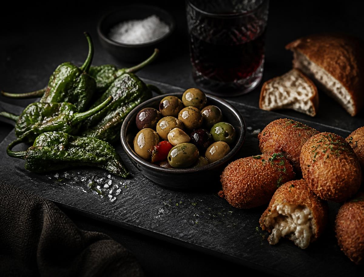 Tabla de entrantes con croquetas y pimientos de Padrón