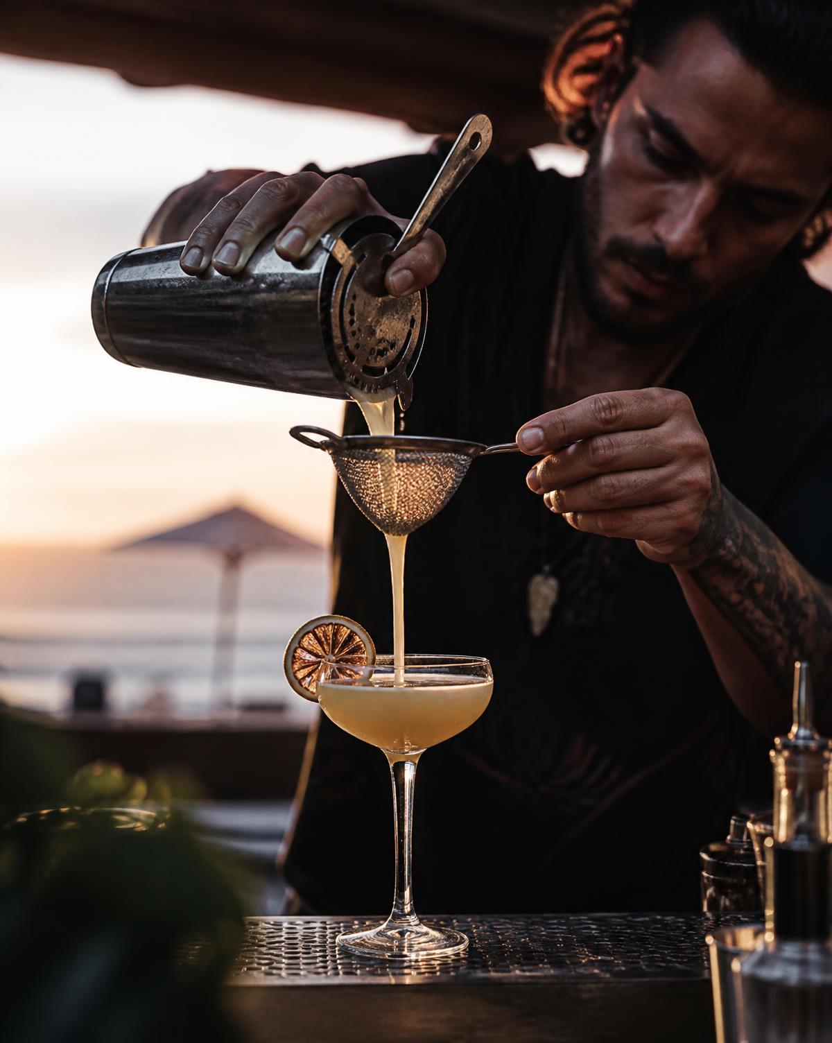 Bartender colando un cóctel de autor al atardecer